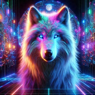 The primary subject of the image is a wolf with blue eyes, standing in front of a colorful background. The wolf appears to be a digital art or illustration, with a vibrant and lively atmosphere. The setting includes a colorful wall, and the visual style is a mix of realism and artistic expression.